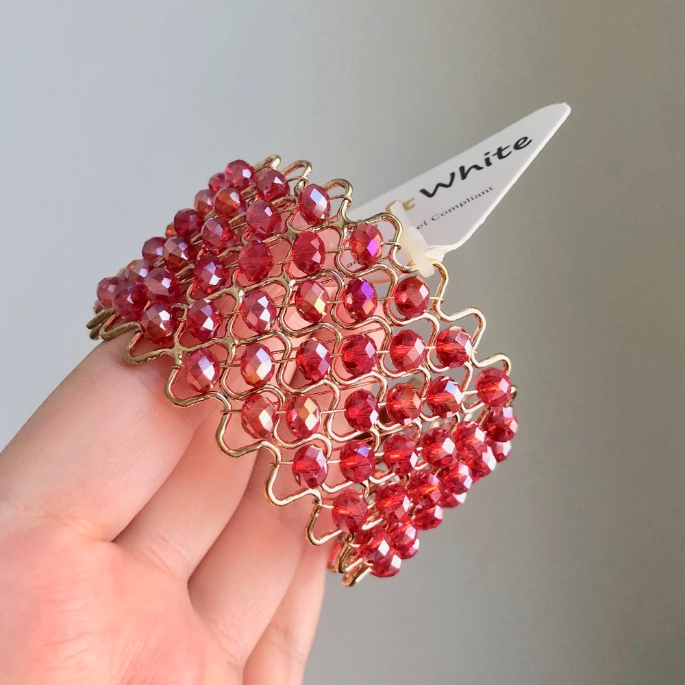 NEW Red Beaded Wide Adjustable Bracelet Gold